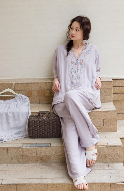 Lian Loungewear bamboo cotton women's loungewear set with embroidered top and long pants, breathable and comfortable pajamas.