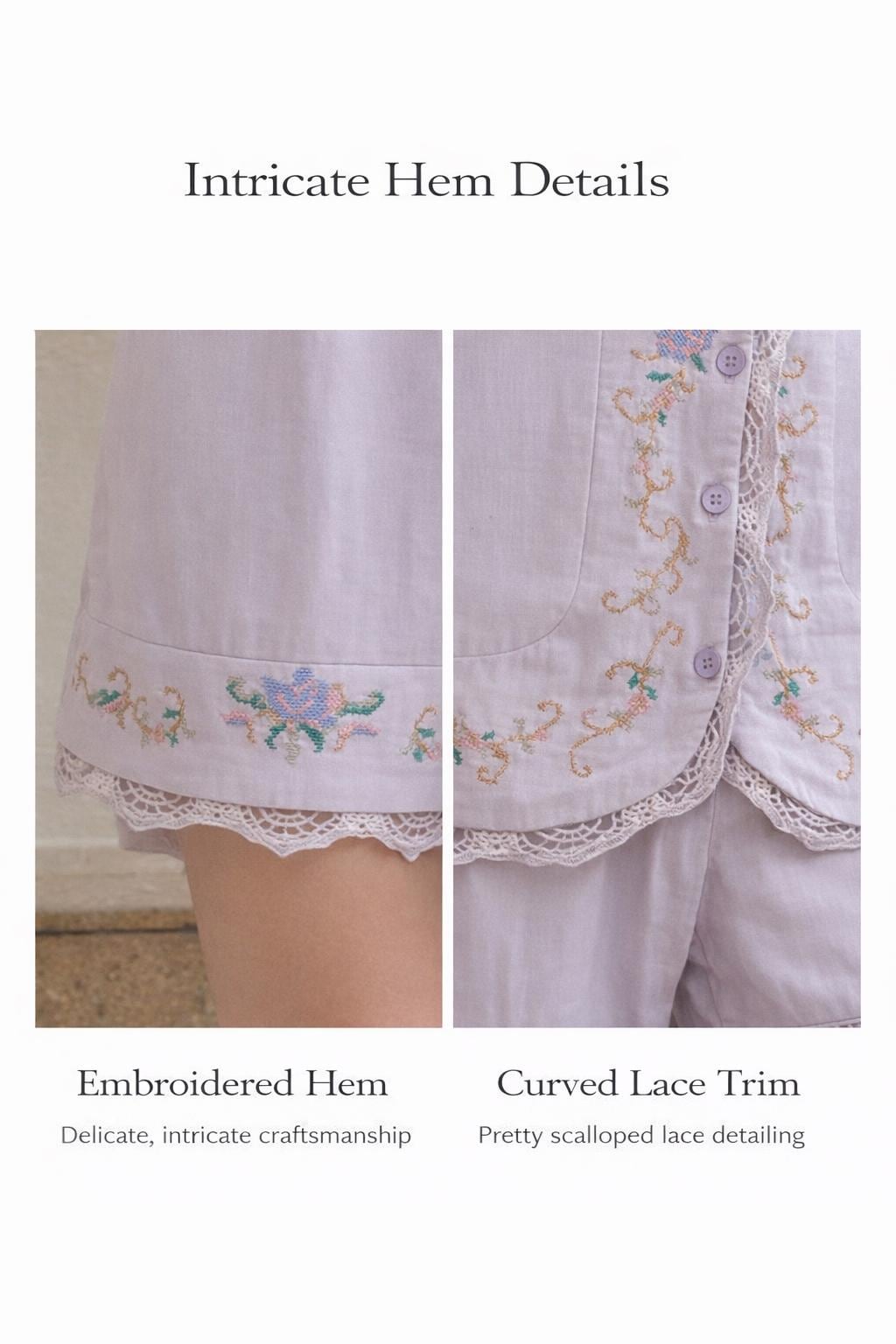 Lian Loungewear bamboo cotton loungewear set for women with short top, long pants, breathable fabric, embroidered details.