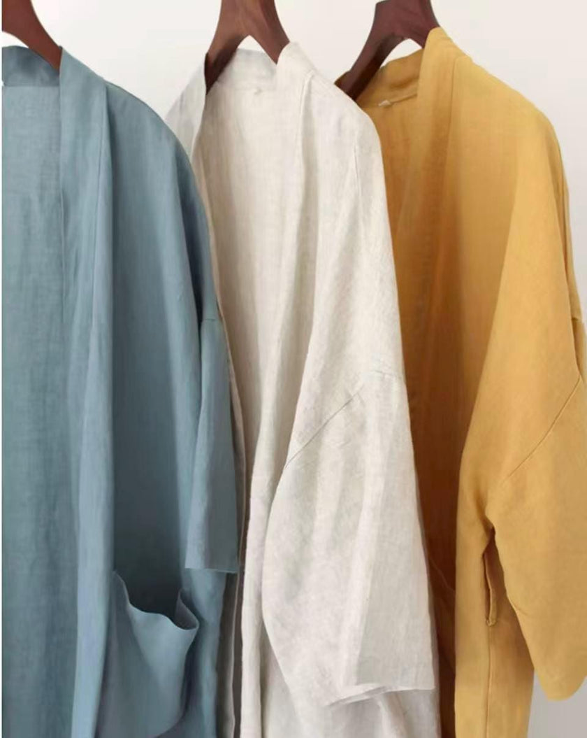 Lian Loungewear 100% linen women's kimono robe in white, lightweight washed linen summer bathrobe, Japanese loungewear, 6 colors