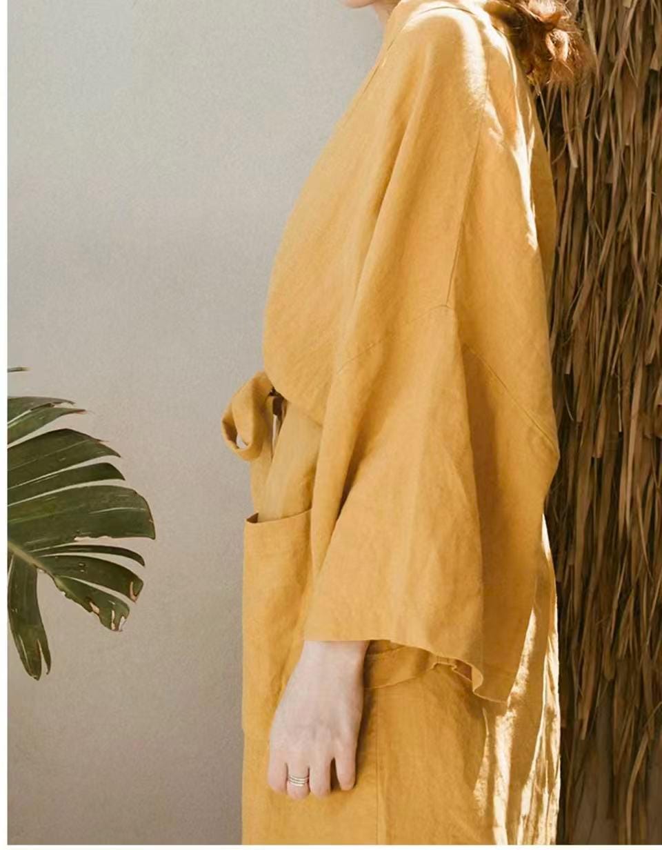 White 100% linen kimono robe for women, lightweight summer bathrobe, Japanese loungewear, displayed with six color options.