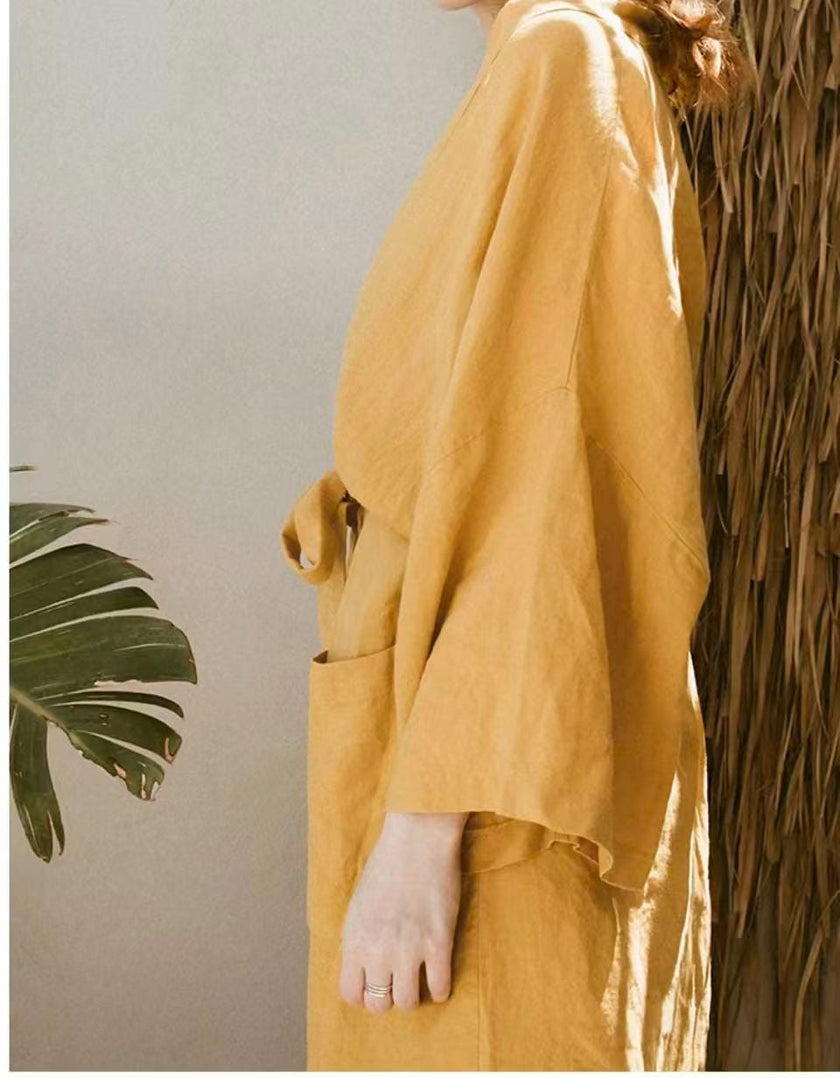 White 100% linen kimono robe for women, lightweight summer bathrobe, Japanese loungewear, displayed with six color options.
