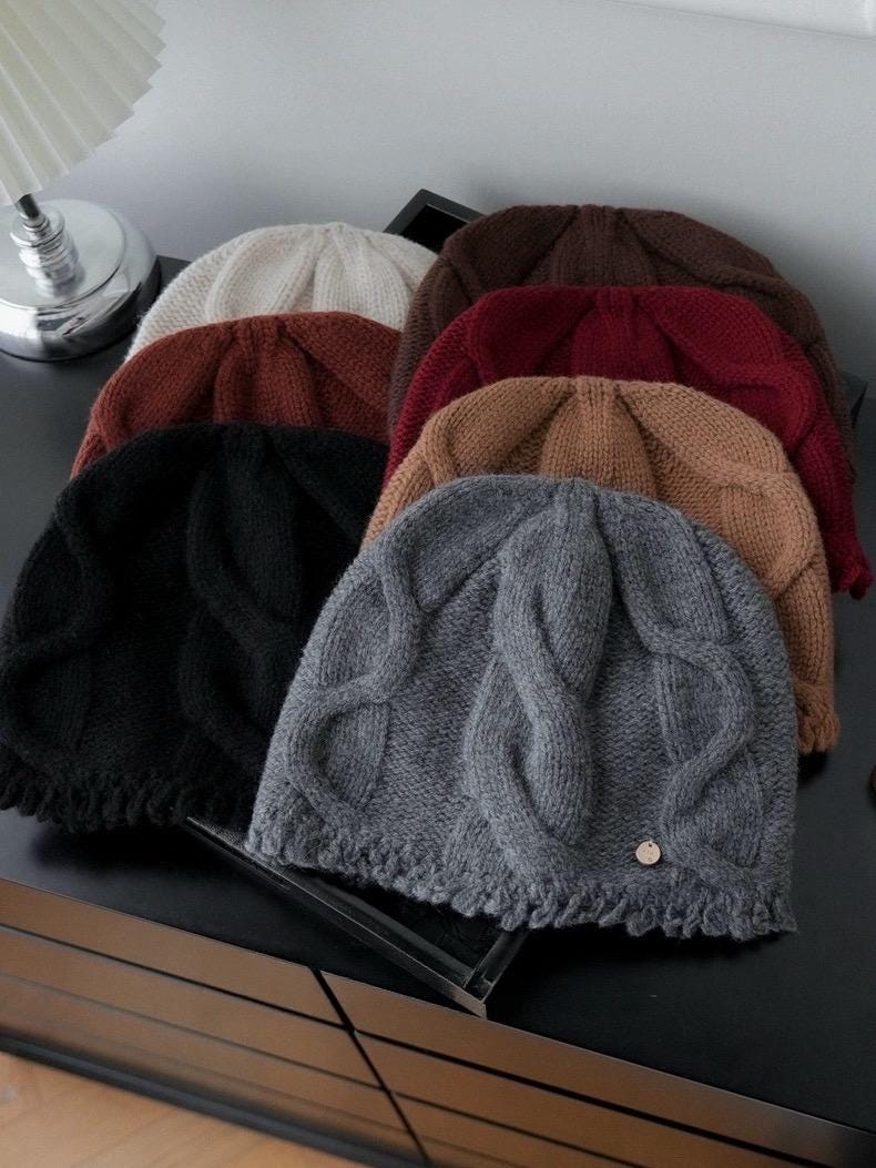Wine red 100% Merino wool cable knit beanie by Lian Loungewear, soft, warm winter hat for women, cozy knitted wool cap.