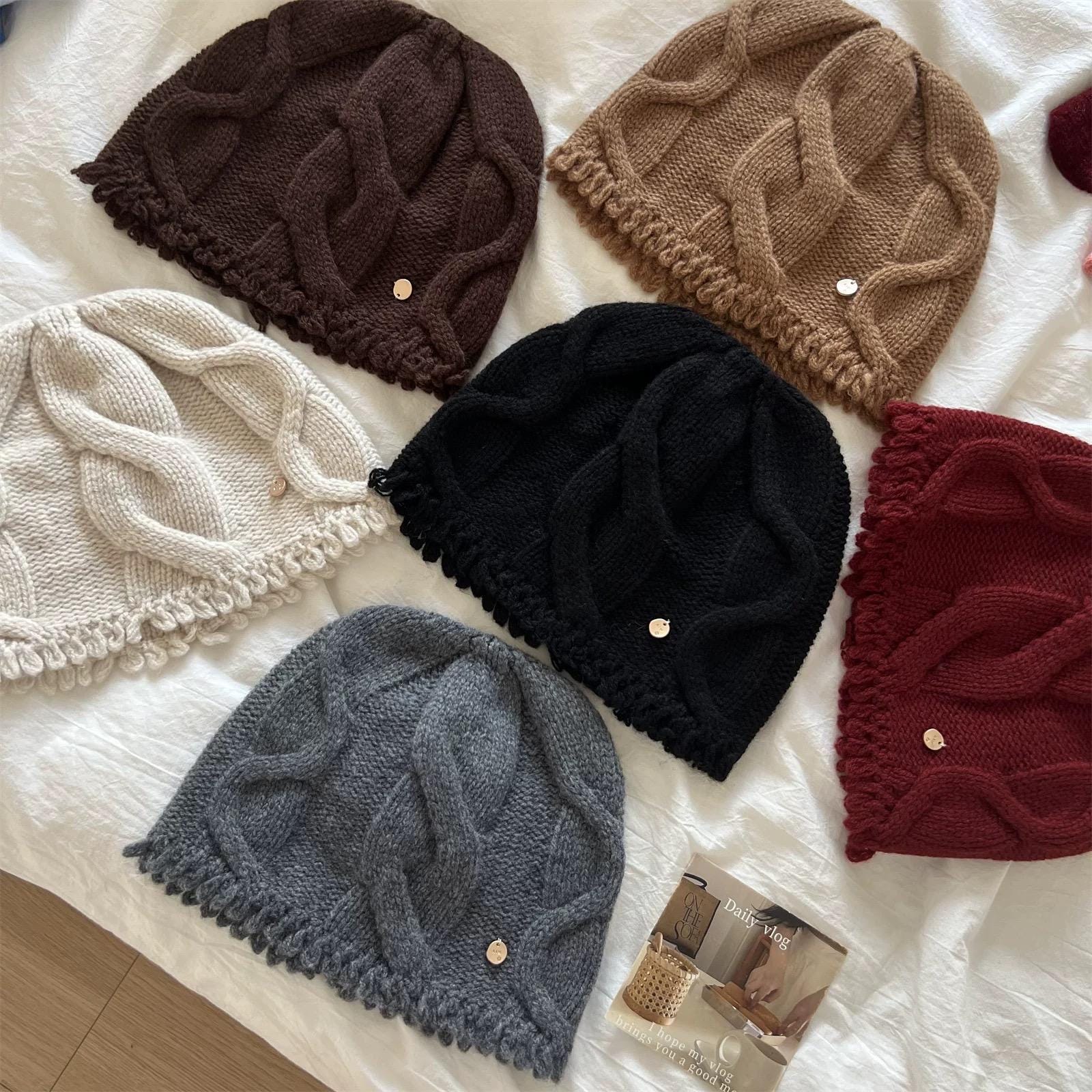 Wine red 100% Merino wool cable knit beanie by Lian Loungewear, soft warm winter hat for women, cozy knitted wool cap.