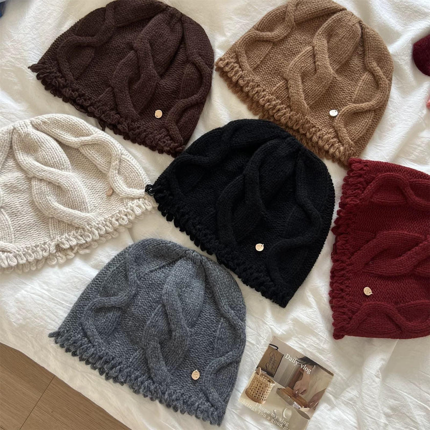 Wine red 100% Merino wool cable knit beanie by Lian Loungewear, soft warm winter hat for women, cozy knitted wool cap.