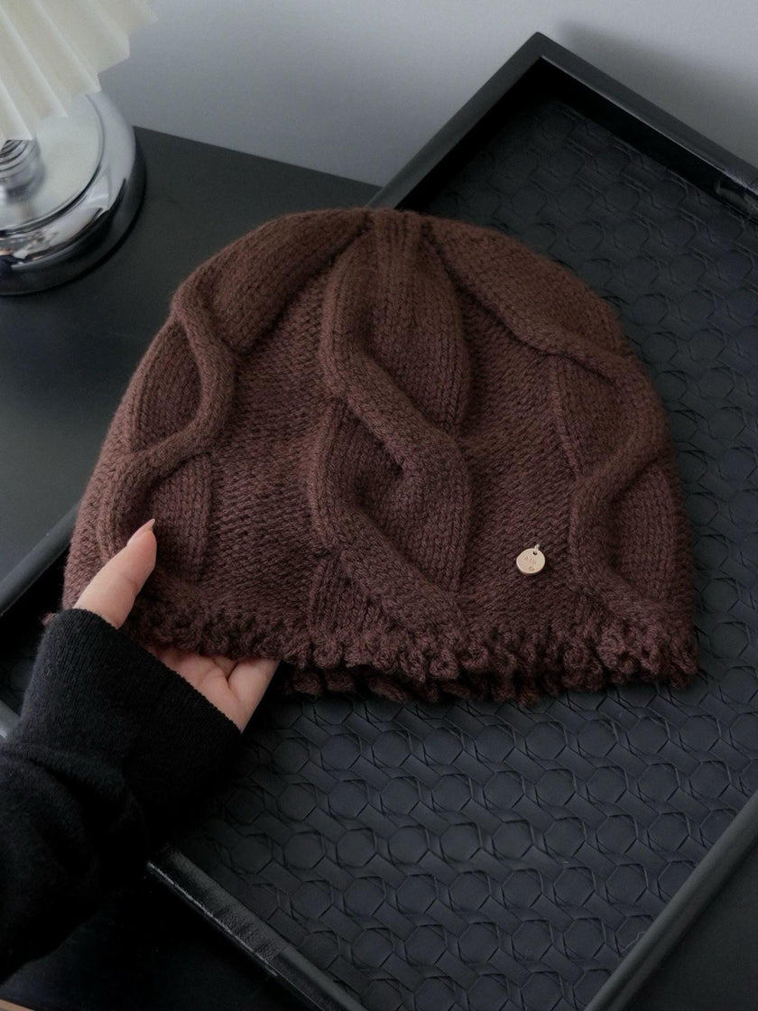Wine red 100% Merino wool cable knit beanie, soft warm winter hat for women, stylish knitted wool cap by Lian Loungewear