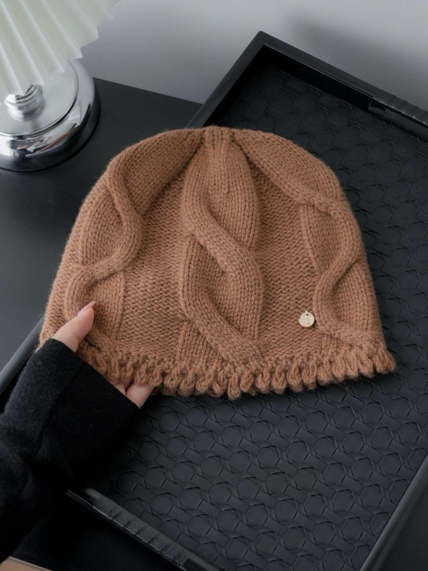 Wine red 100% Merino Wool cable knit beanie by Lian Loungewear, soft winter hat for women, warm knitted wool cap.