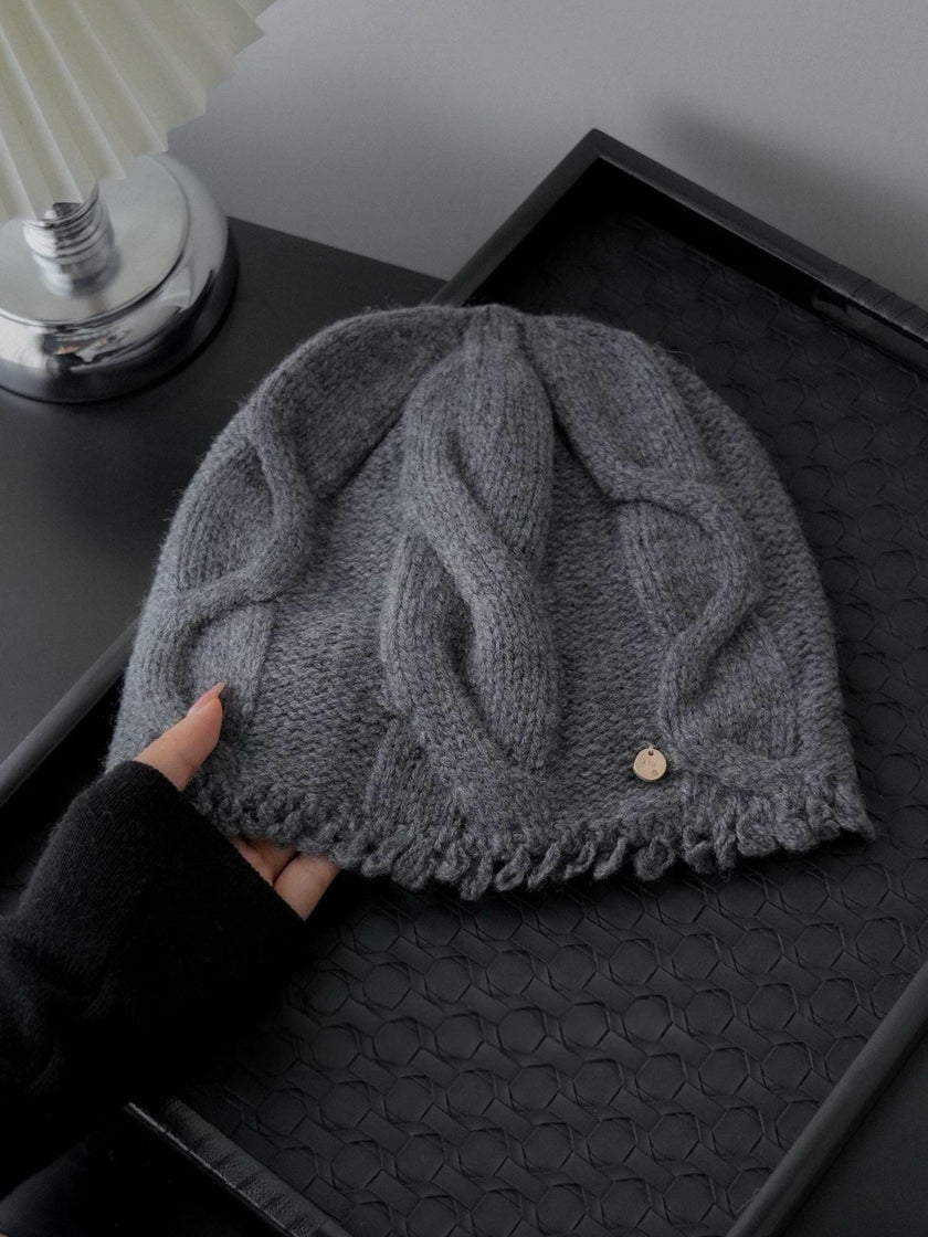 Wine red 100% Merino wool cable knit beanie by Lian Loungewear, soft and warm winter hat for women, cozy knitted wool cap.