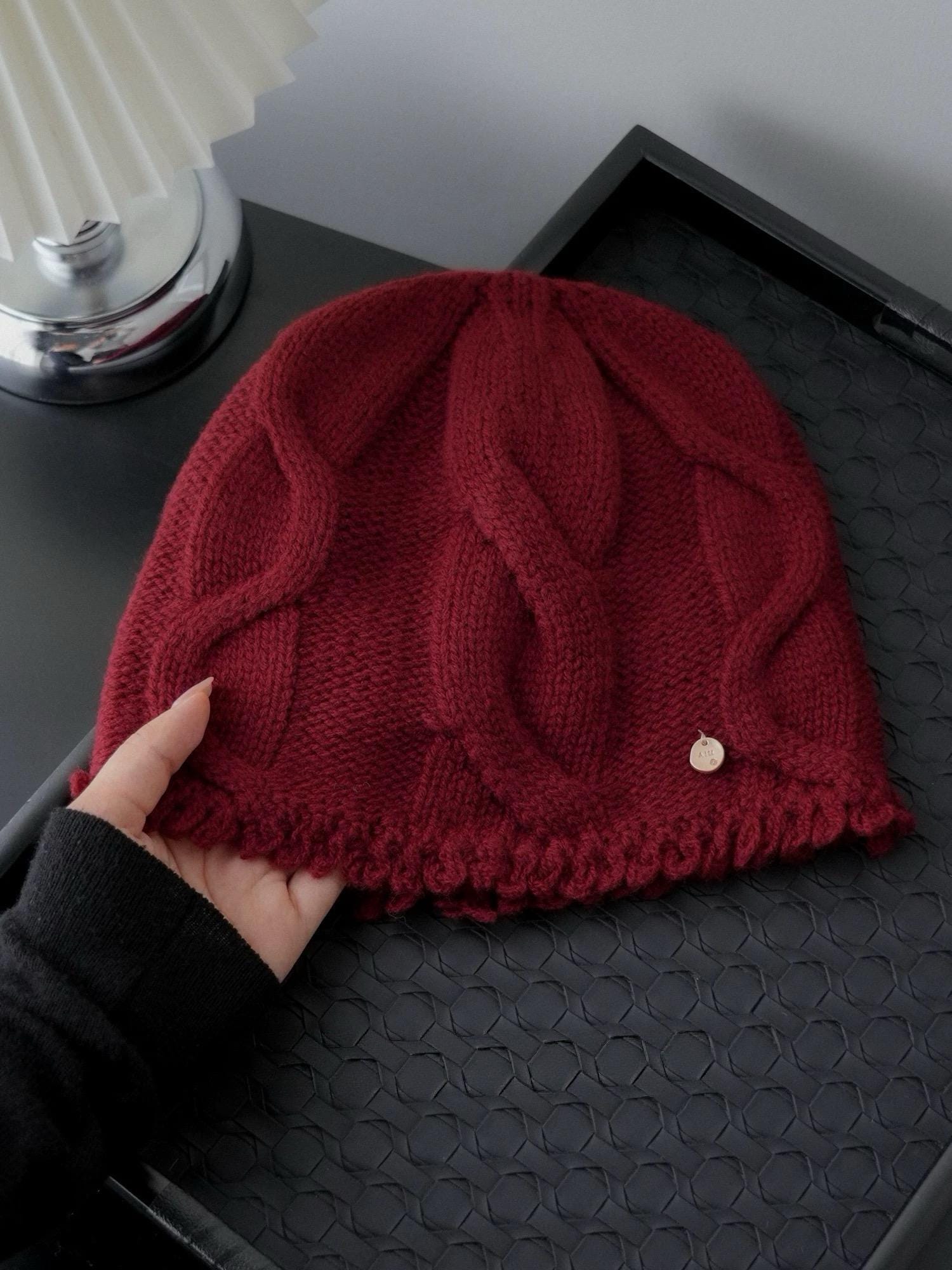 Wine red 100% Merino Wool cable knit beanie by Lian Loungewear, soft warm winter hat for women, cozy knitted wool cap.