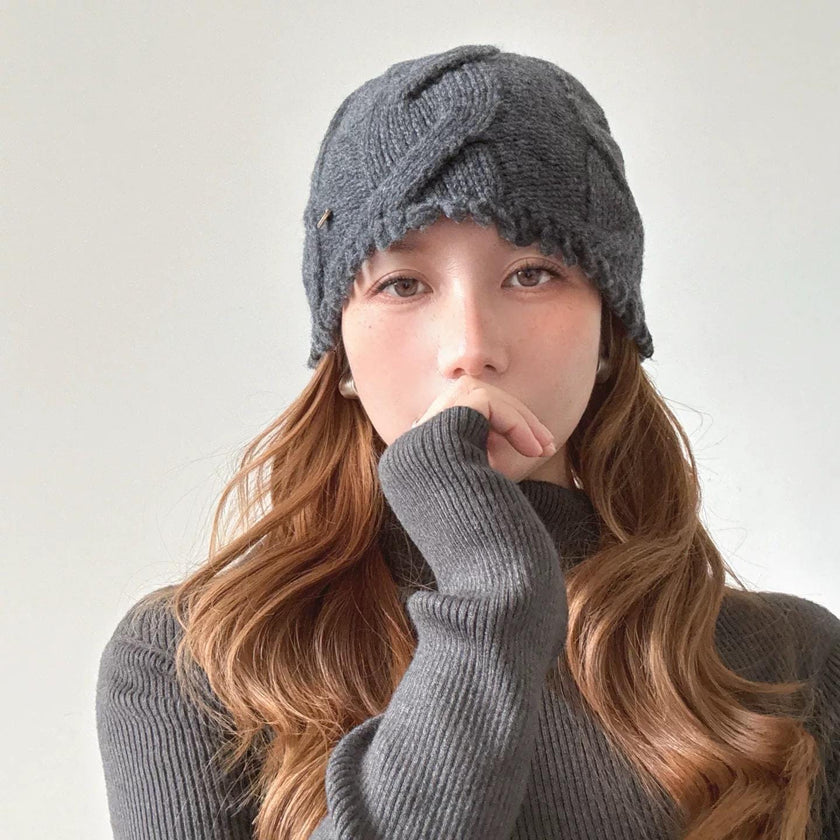 Wine red 100% Merino wool cable knit beanie by Lian Loungewear, soft warm winter hat for women, cozy knitted wool cap.