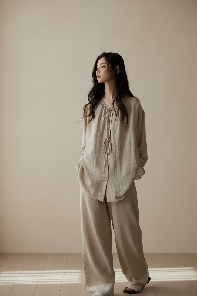 Women’s cotton pyjamas set from Lian Loungewear featuring a comfortable, relaxed fit in soft, breathable fabric for home wear.