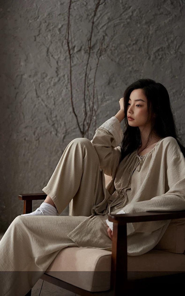 Lian Loungewear women's cotton pyjamas set featuring a relaxed fit, soft fabric, and a comfortable, Zen-inspired design.