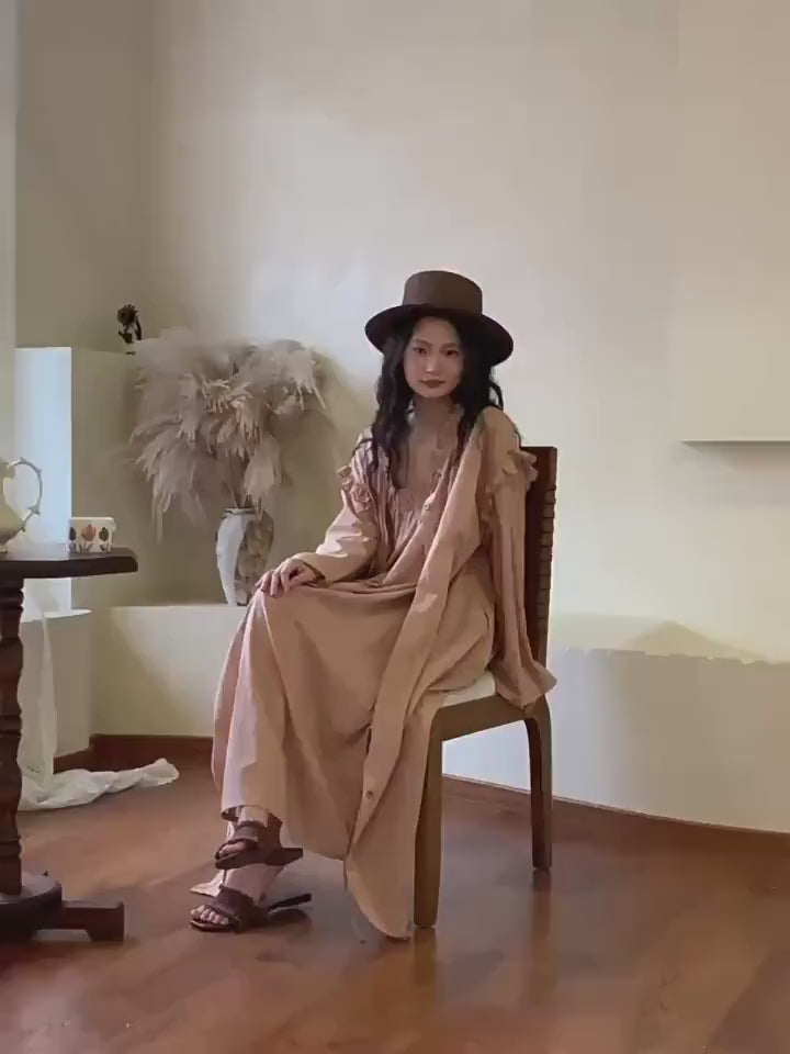 Bamboo Cotton Robe Set: Ruffle Trim Lounge Dress Kimono - Earth Tone