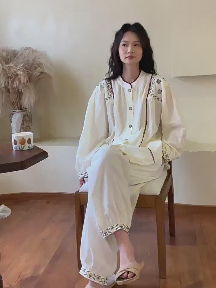 Embroidered Bamboo Cotton Loungewear Set: White Kimono Robe & Dress