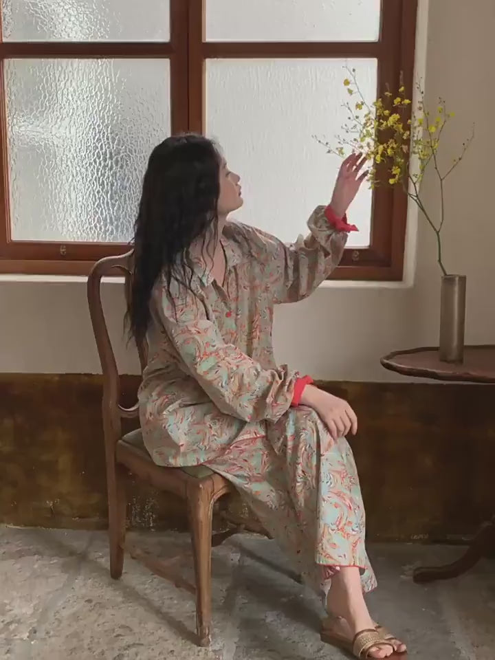 Bamboo Cotton Pajama Set: Lightweight Button-Up Loungewear, Kimono Style Robe, Long Sleeves Pyjamas