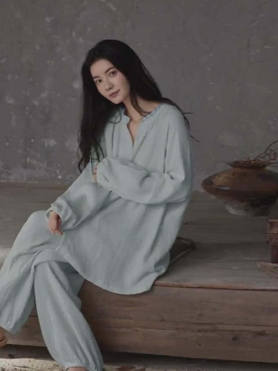 Gauze Cotton Pajamas Set | Embroidered Zen Loungewear