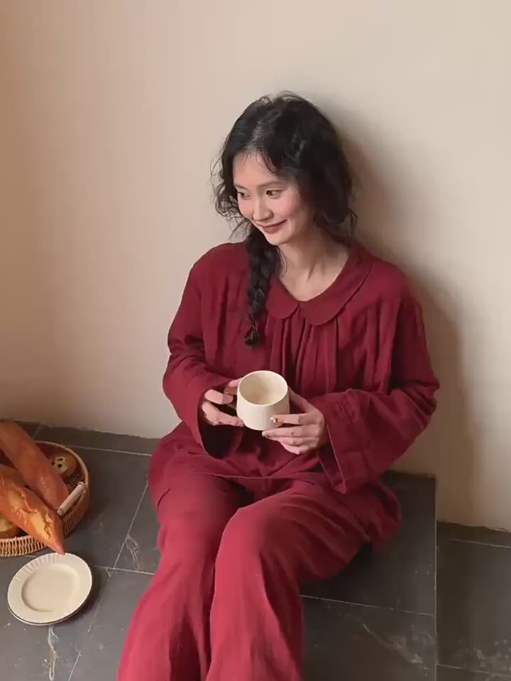 Organic Gauze Cotton Pajama Set: Muted Red Loungewear, Gift-Ready Christmas Pajamas