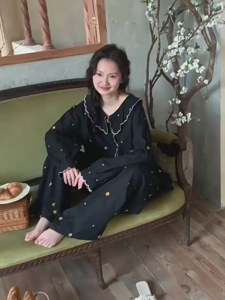 Bamboo Cotton Pajama Set — Vintage Floral Embroidered Lounge Set, Scalloped Peter Pan Collar