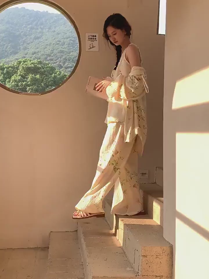 Gauze Cotton Pajama Set: Tie-Dye Camisole & Robe Loungewear