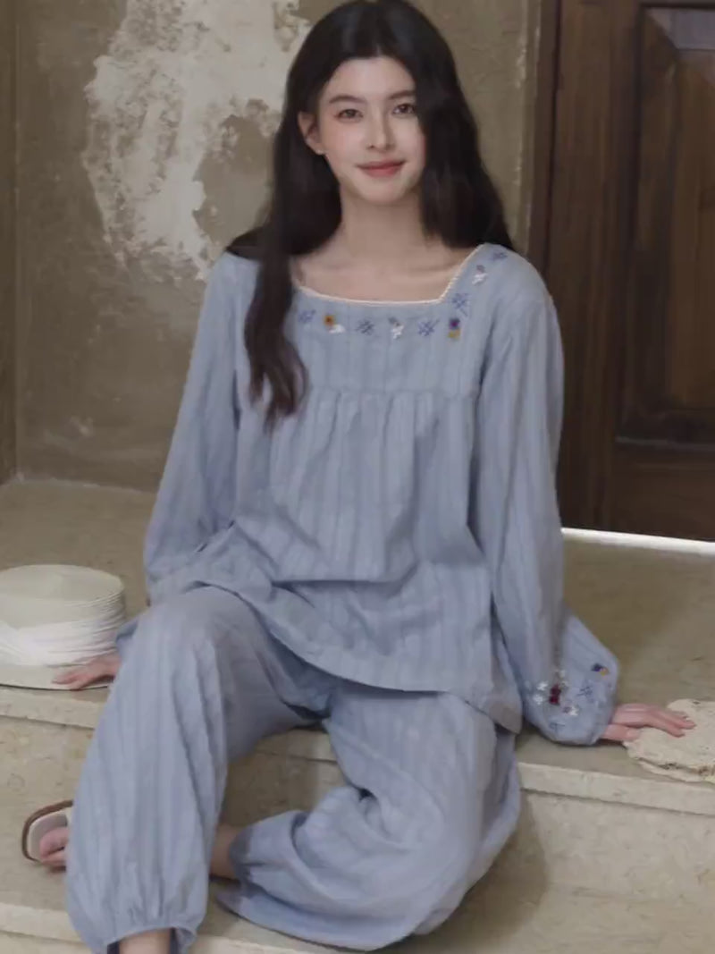 100% Cotton Jacquard Pajamas, Embroidered Cotton Loungewear, Breathable Loose Fit, Cozy Lounge Set