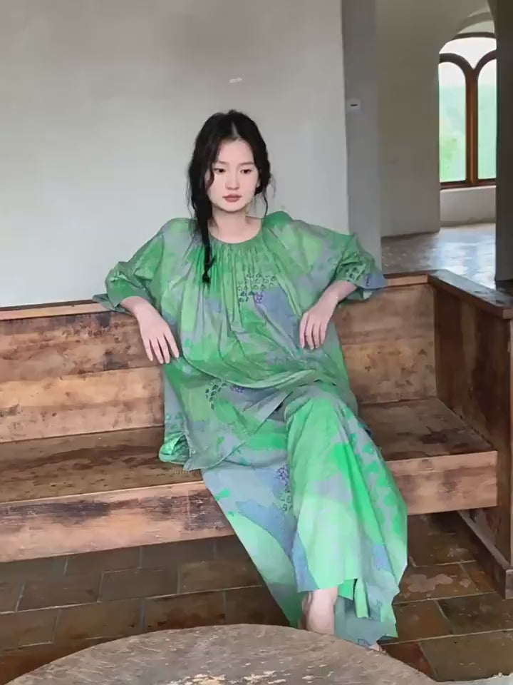 Bamboo Cotton Loungewear Set: Green Botanical Print, Oversized Fit