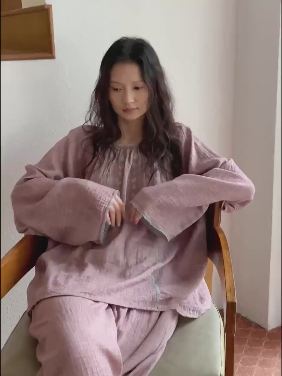 Embroidered Double Layer Gauze Cotton Loungewear Set: Purple Pajamas or Dress Gown