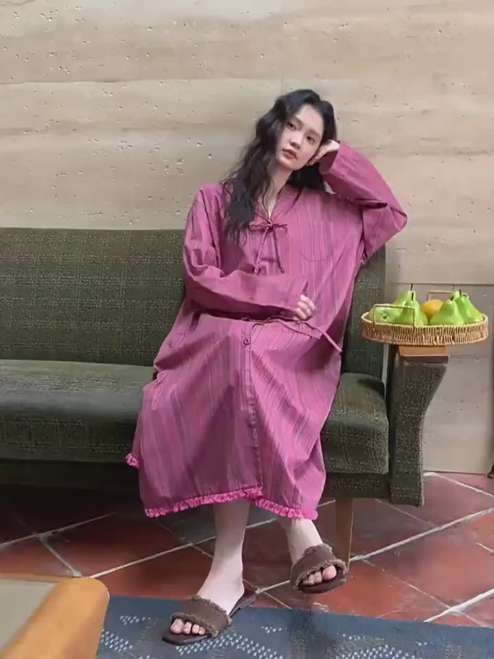 Bamboo Cotton Dressing Robe • Soft Long Loungewear• Vintage Rose Stripe Home Dress • Breathable Sleepwear with Pockets • Gift for Her