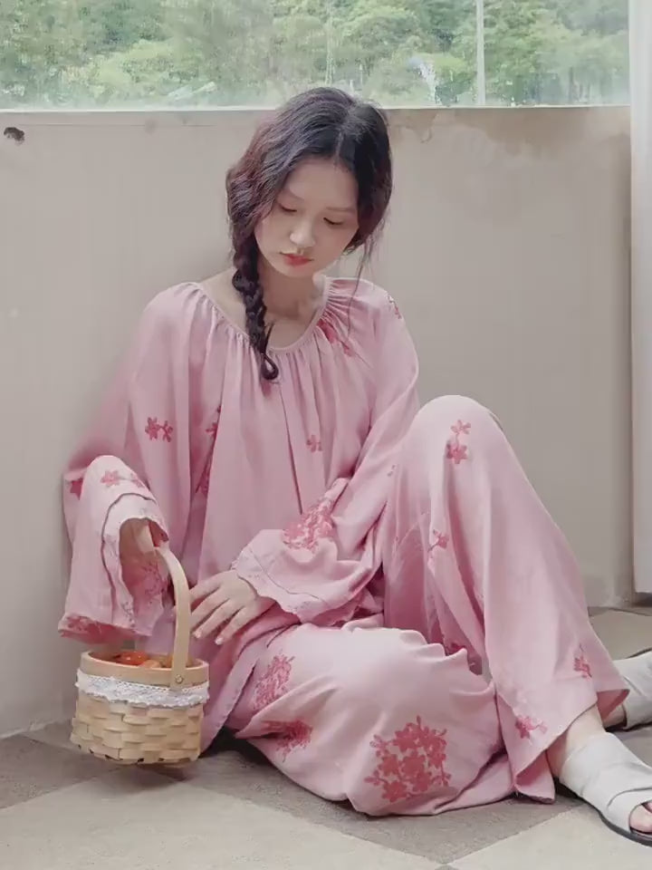 Bamboo Cotton Embroidered Loungewear Set – Sensitive-Skin Friendly Pajamas