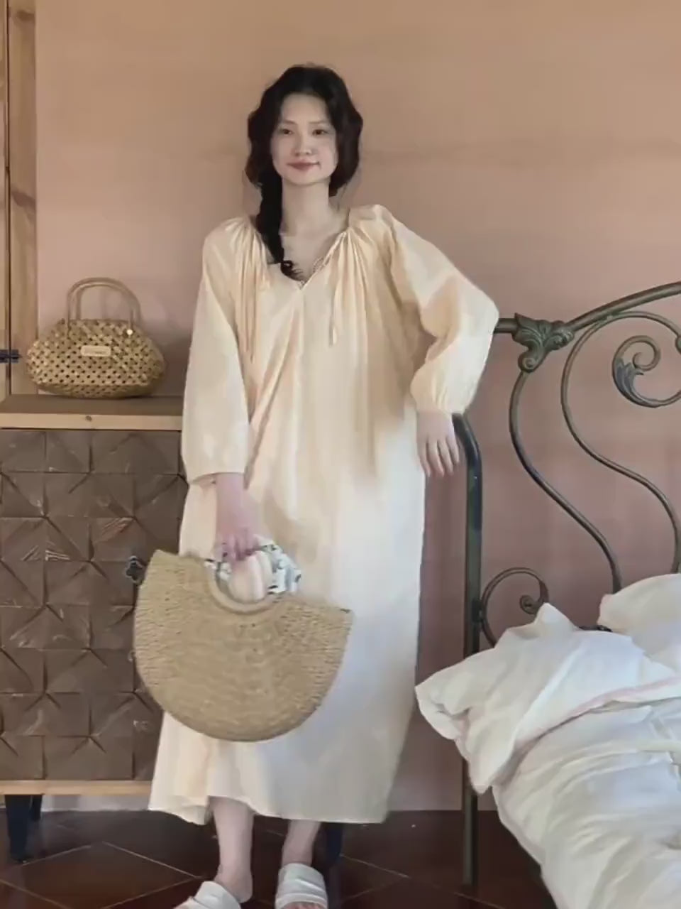 Vintage-Inspired Lace Trim French Style Lounge Dress – Natural Tone Eco-Friendly Cotton Pajamas, Soft & Breathable