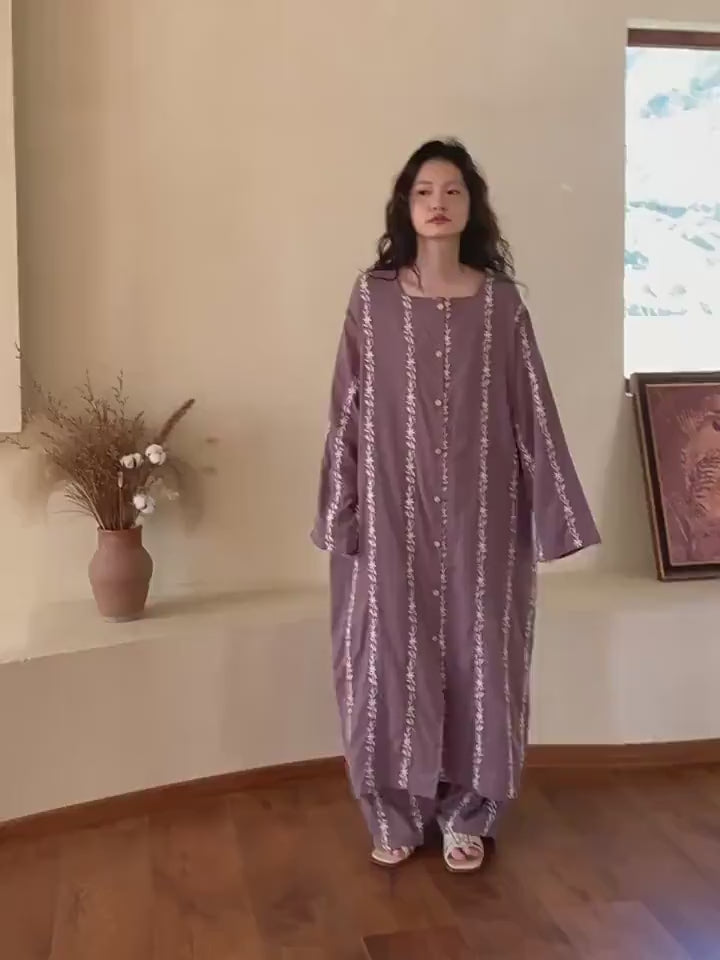 Embroidered Gauze Cotton Loungewear Set: Botanical Robe Dress or Pants