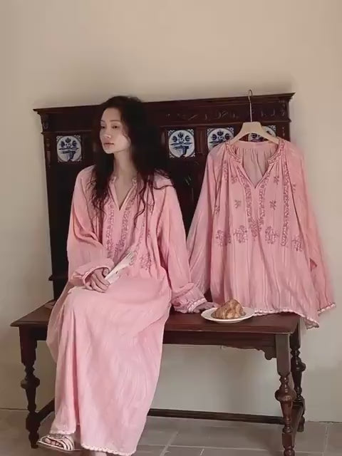 Pink Bamboo Cotton Pyjamas – Embroidered Dress or Two-Piece Pants Loungewear
