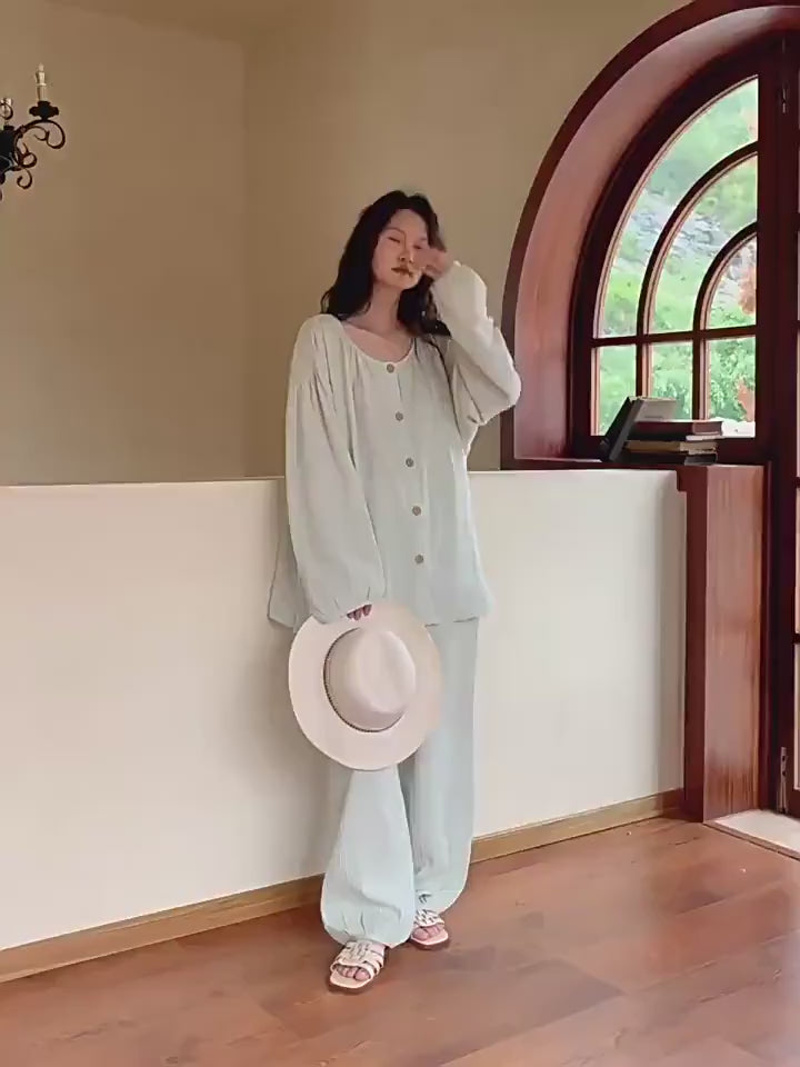 Mint Green Gauze Cotton Pajama Set: Breathable Wide-Leg Loungewear