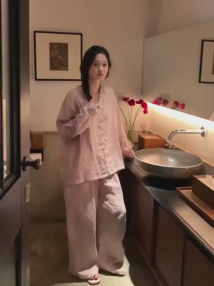 Muslin Cotton Pajama Set | Embroidered Sleeve, Gauze Loungewear