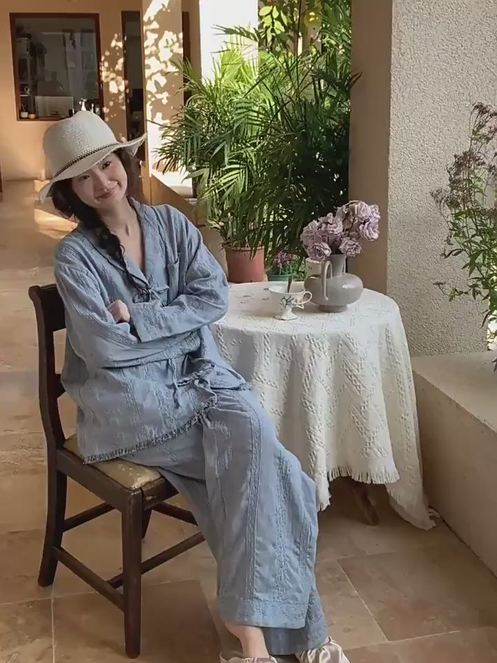 Gauze Cotton Loungewear Set: Breathable Linen-Look Pajamas，Gift-Ready Packaging