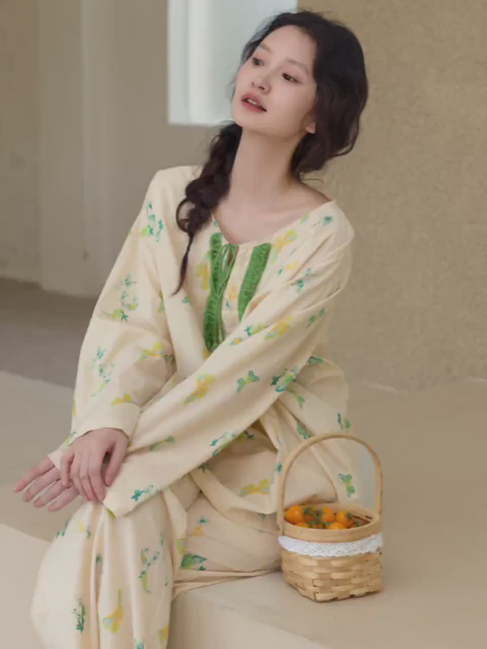 Women’s Cotton Pajama Set – Oriental Zen Floral Cotton Sleepwear, Relaxed Lounge Fit, Eco-Friendly Material