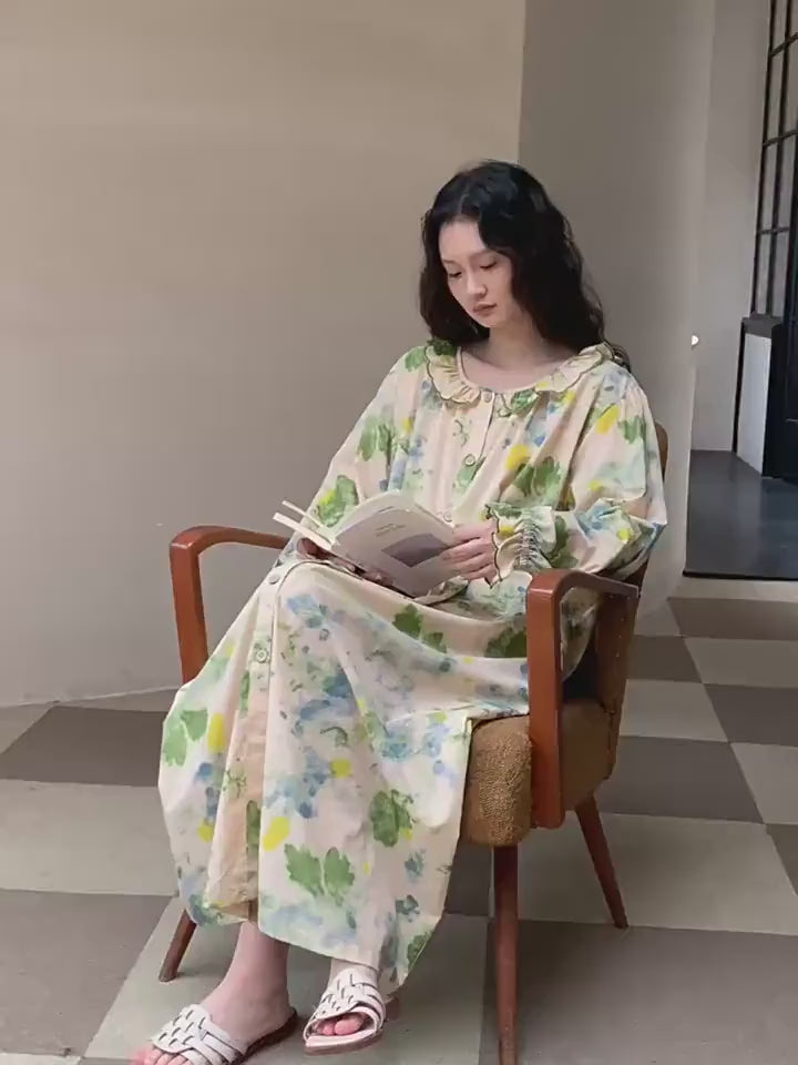 Bamboo Cotton Pajama Set | Green Tone Watercolour Floral Nightdress | Ruffle Collar Button Front | Oversized Style Loungewear
