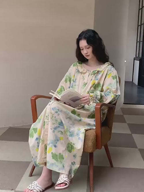 Bamboo Cotton Pajama Set | Green Tone Watercolour Floral Nightdress | Ruffle Collar Button Front | Oversized Style Loungewear
