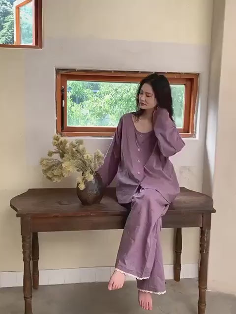 Purple Slub Cotton Pajama Set, 100% Cotton Loungewear, Embroidered Pyjamas with Lace Trim, Soft Breathable Homewear, Vintage Style Sleep Set