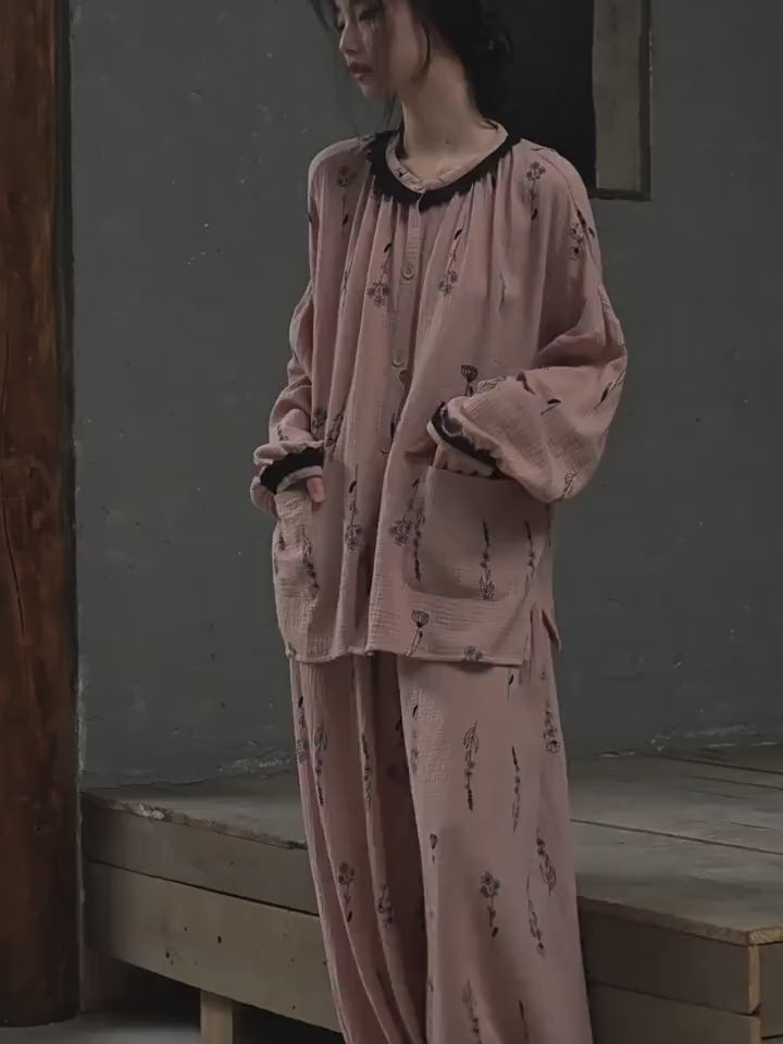 Gauze Cotton Pajama Set Women Soft Breathable Cotton Loungewear Set Lightweight Sleepwear Loose Fit Lounge Set