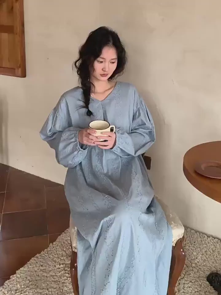 Embroidered Cotton Gauze Robe Dress and Pants Set, Breathable Linen-Feel Kaftan Loungewear